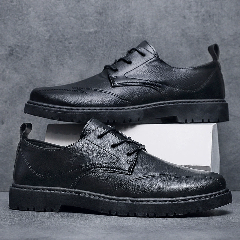 Пружинная Нескользящая универсальная мужская деловая повседневная кожаная обувь с мягкой поверхностью в британском черном Корейском стиле, мужская непромокаемая легкая обувь