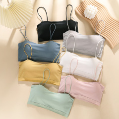 細肩帶一體式冰絲美背文胸不跑杯性感抹胸無鋼圈舒適少女吊帶背心