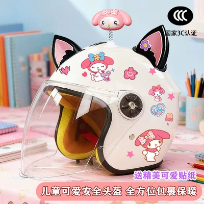 Motosiklet kaskı (dəbilqə) – and Winter Anti-Fog Safety Helmet - white-half-helmet-rocking-beauty-black-pink-fox-ears-winter-kids-my-melody-tz
