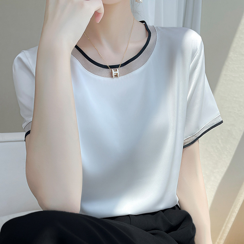 Acetate Satin Short-Sleeve T-Shirt for Women, Mesh Round-Neck Top, 2023 Summer Loose Color-Block Half-Sleeve Trendy Thin Style Trendy Brand Acetate Satin Short-Sleeve T-Shirt for Women, Mesh Round-Neck Top, 2023 Summer Loose Color-Block Half-Sleeve Trendy Thin Style Trendy Brand