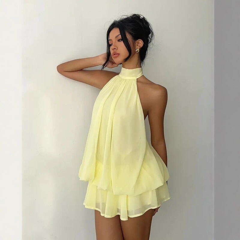 European and American cross-border women's holiday slim-fit sexy backless halter neck tie-waist chiffon top with puffy short skirt dress European and American cross-border women's holiday slim-fit sexy backless halter neck tie-waist chiffon top with puffy short skirt dress