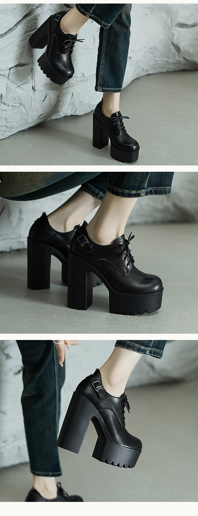 Giày cao gót nữ đế xuồng platform 13cm, mũi sâu, dây buộc gót thô — Màu đen chi tiết 5