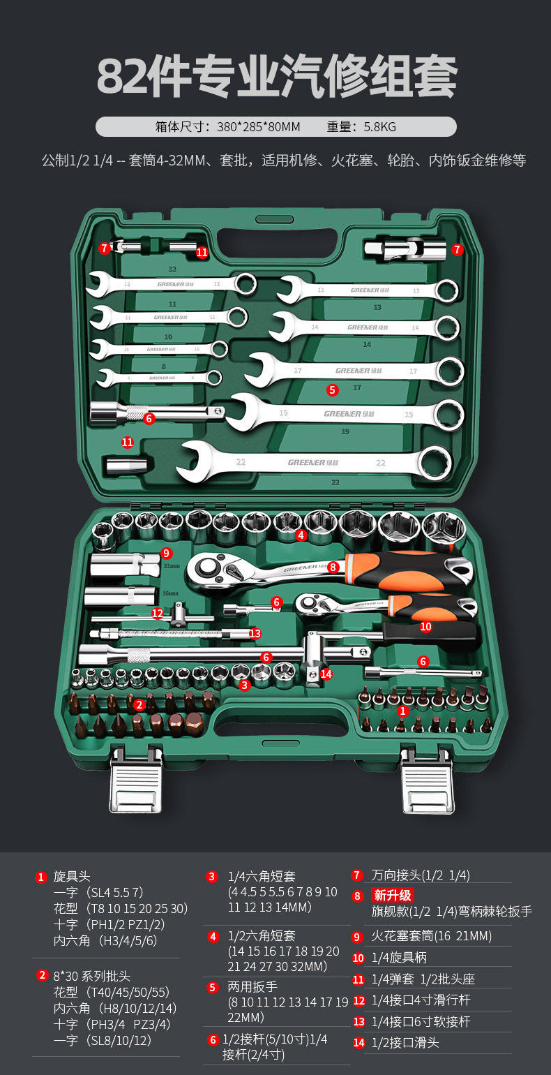 Suitable for Green Forest Auto Repair Tool Set Ratchet Quick Socket Wrench Sleeve Car Repair Motorcycle Maintenance