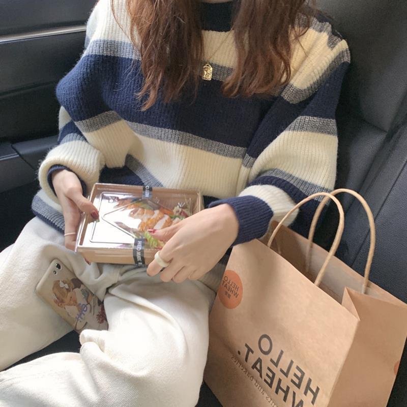 Korean loose contrasting striped pullover for women, 2023 autumn and winter new collection, lazy style, worn outside,_voghion.com