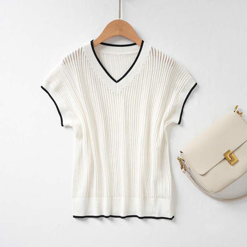 Bc Counter Same Style 100% Cotton Mesh Cut Out Knitwear Women's Summer Thin Contrast Color V-Neck Loose Slimming Look Short-Sleeved T-Shirt