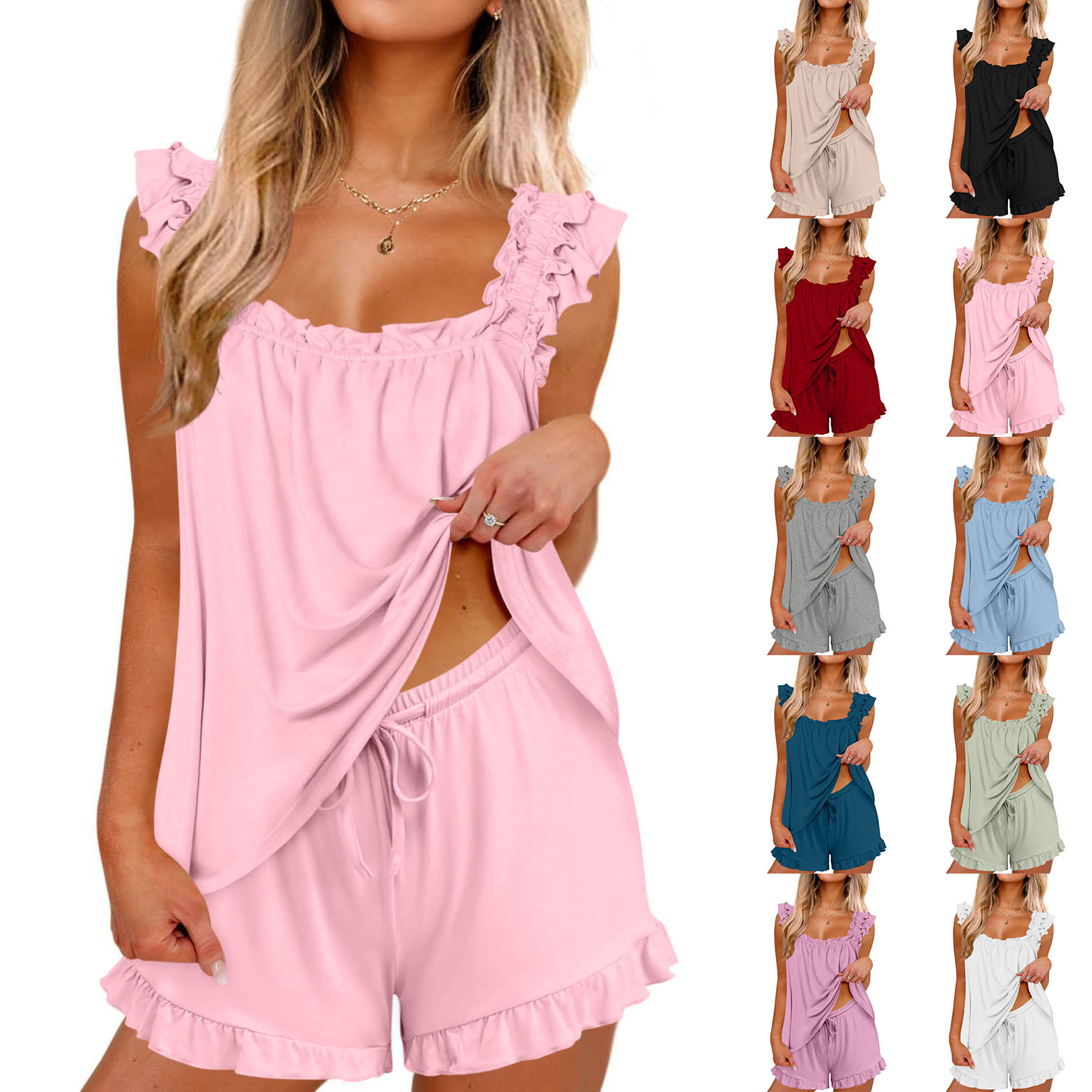 2026 European and American Cross-Border New Models on Aliexpress, Solid Color Camisole Pullover Casual Pajama Shorts Set, New Hot-Selling Items