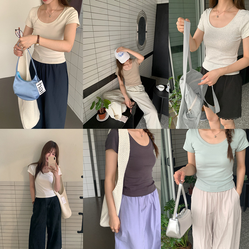 [Oufan] Classic 8-color Small U-neck Slim Fit Short Base Shirt with Long Shoulder and Short Sleeve T-shirt for Women 9897