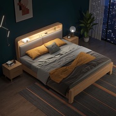 Solid Wood Double Bed, Modern Minimalist Nordic Style, 1.8m for Master Bedroom, Soft Headboard with Night Light, Solid Wood 1.35m Storage High-Box Bed