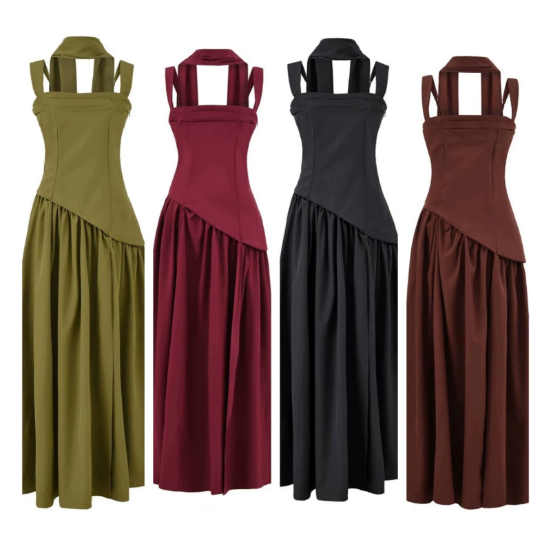 Elegant French-Style Socialite Dress with a Sophisticated Design, Featuring a High Slit, Waist-Cinching, and Tie-Up Long Gown with Ribbon Embellishments