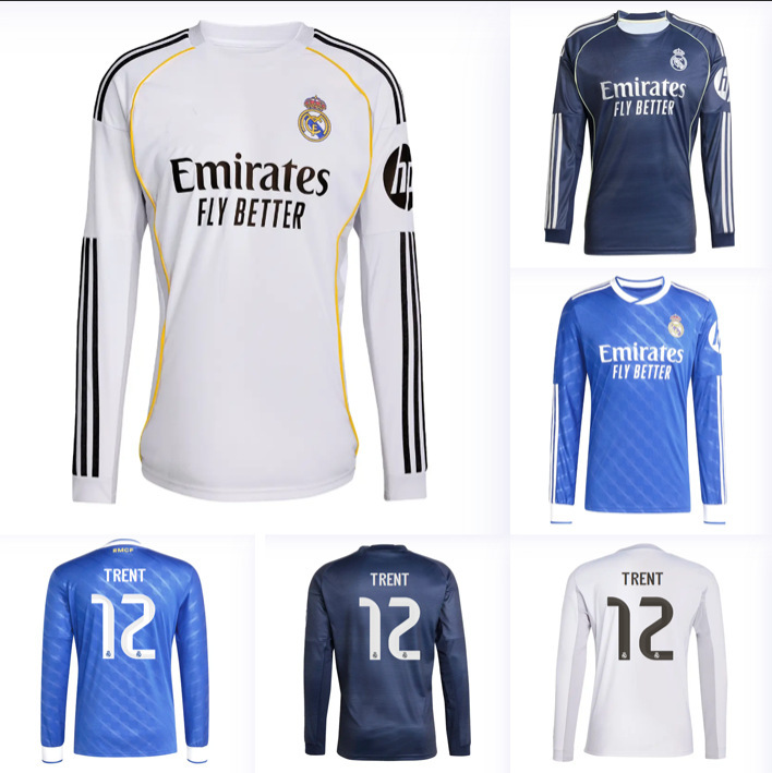 Cross-Border 2526 Real Madrid Home Long-Sleeved Jersey Printed with Personalized Numbers Away Second Away Football Uniform Dropshipping