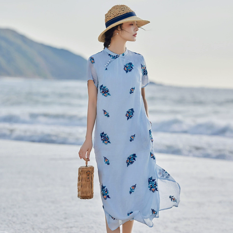 2025 весна и лето новый рами вышивка женская одежда путешествия литературный воротник с короткими рукавами платье средней и длинной одежды женский