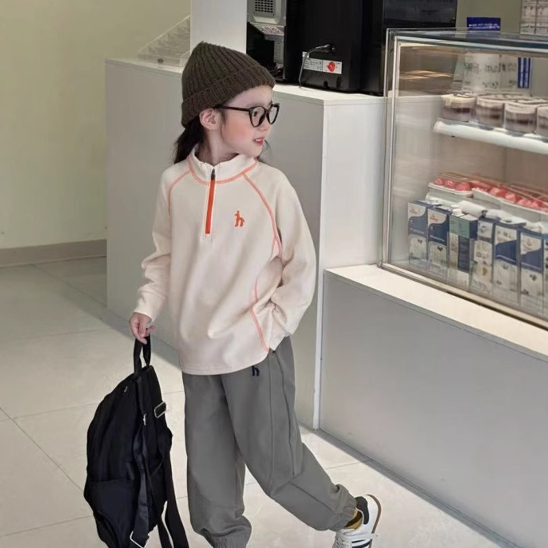 童装秋季男女中大童撞色明线拼接半拉链立领速干长袖T恤运动风|undefined
