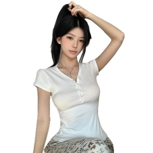 American retro V-neck button short-sleeved T-shirt for women in summer new pure and versatile slim fit and slim inner base top
