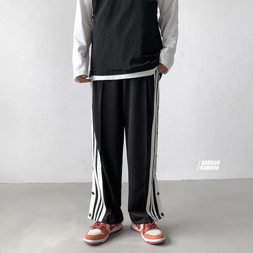 Ins-style streetwear side-button wide-leg pants for men, loose-fitting, versatile, student-friendly, straight-leg autumn trend—striped, ankle-tied sweatpants