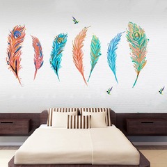 昆尚跨境新款牆貼金色彩繪油畫創意彩色羽毛客廳臥室裝飾畫KS6650