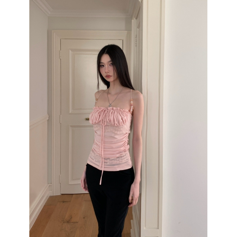 Light Pink Beaded Shoulder Straps Lace Patchwork Acetate Halter Top Light Pink Beaded Shoulder Straps Lace Patchwork Acetate Halter Top