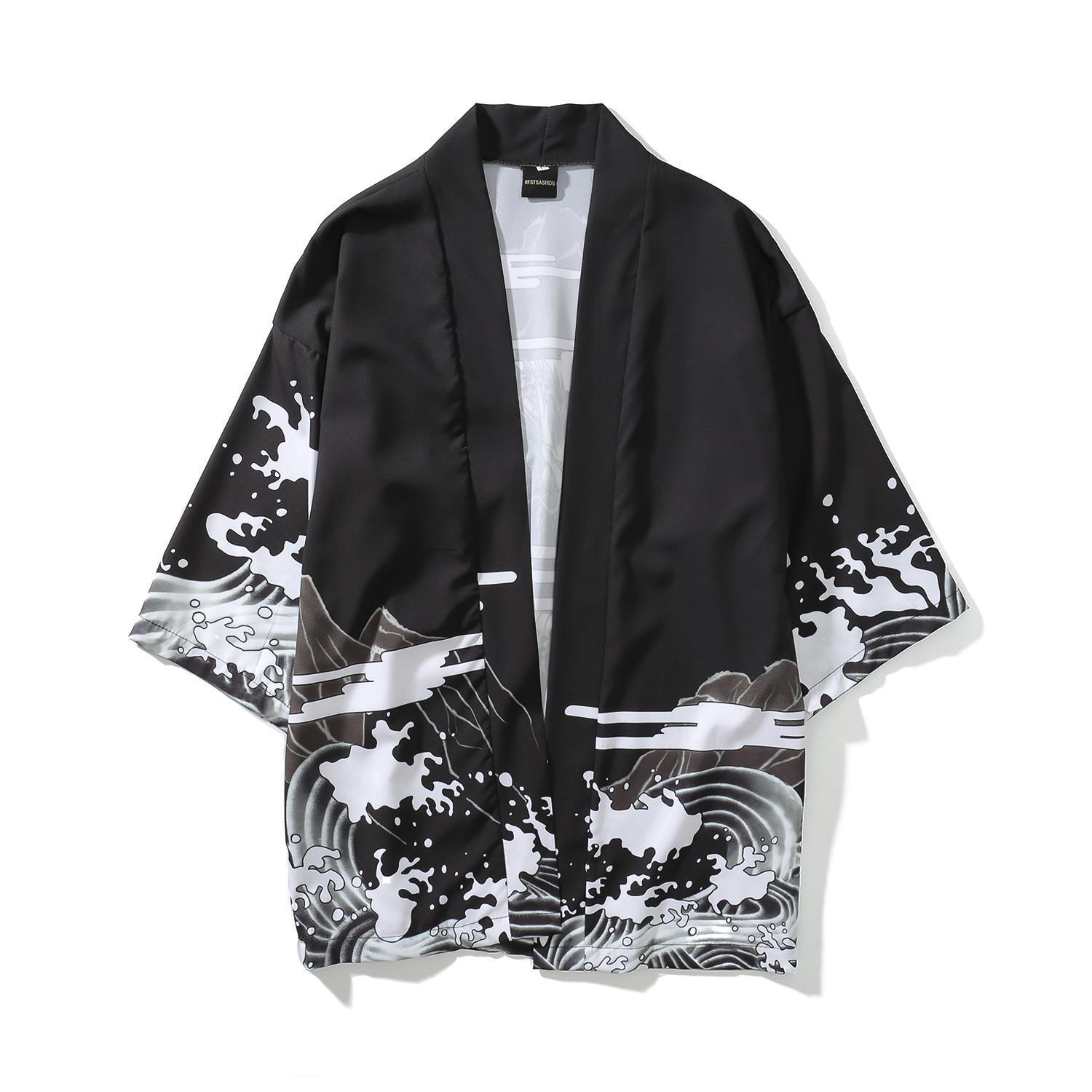 Estilo japonés retro oscuro ukiyo-e robe cardigan kimono hombres y mujeres estilo chino suelta 3/4 manga camisa abrigo moda