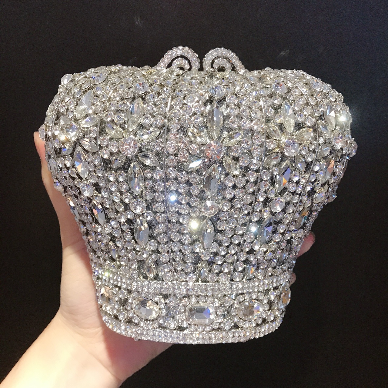 Bolsa de cena de diamantes de forma de corona, bolsa de caja metálica, bolso de mano de banquete de diamantes, bolso de mano de cadena de mujer