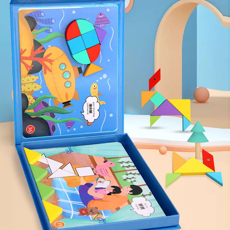 Educación temprana para niños pequeños desarrollo de pensamiento lógico mágico magnético de madera en forma de corazón siete puzzles de juguetes al por mayor