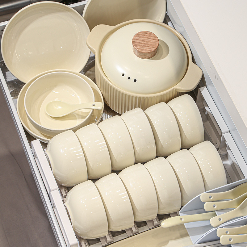 Cream-colored Ceramic Bowl And Plate Set For Home Use, Rice Bowl And...