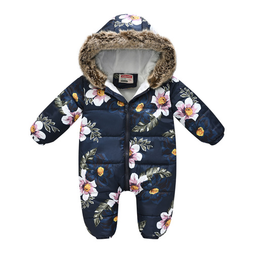 New baby climbing clothes, multi-color printed cotton clothes, fur collar, cute baby one-piece casual climbing clothes for going out