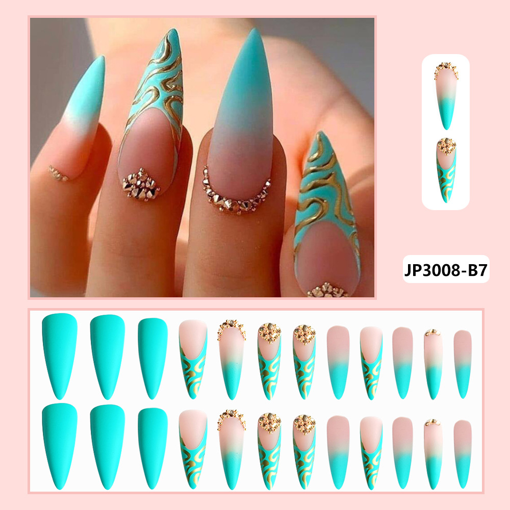 Ventas transfronterizas calientes de manicuras de almendras, uñas largas azules, oro, punto de perforación de uñas, 24 piezas de parche de uñas terminado