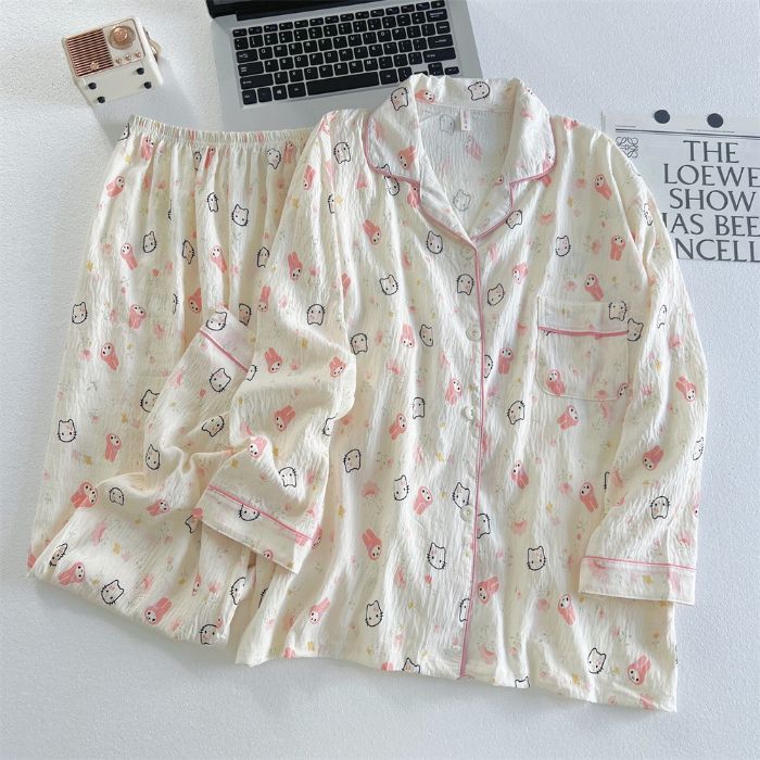 Pijamas al por mayor transfronterizos para mujer traje de algodón de nube de manga larga de otoño de dibujos animados lindo cárdigan de alta gama solapa servicio a domicilio