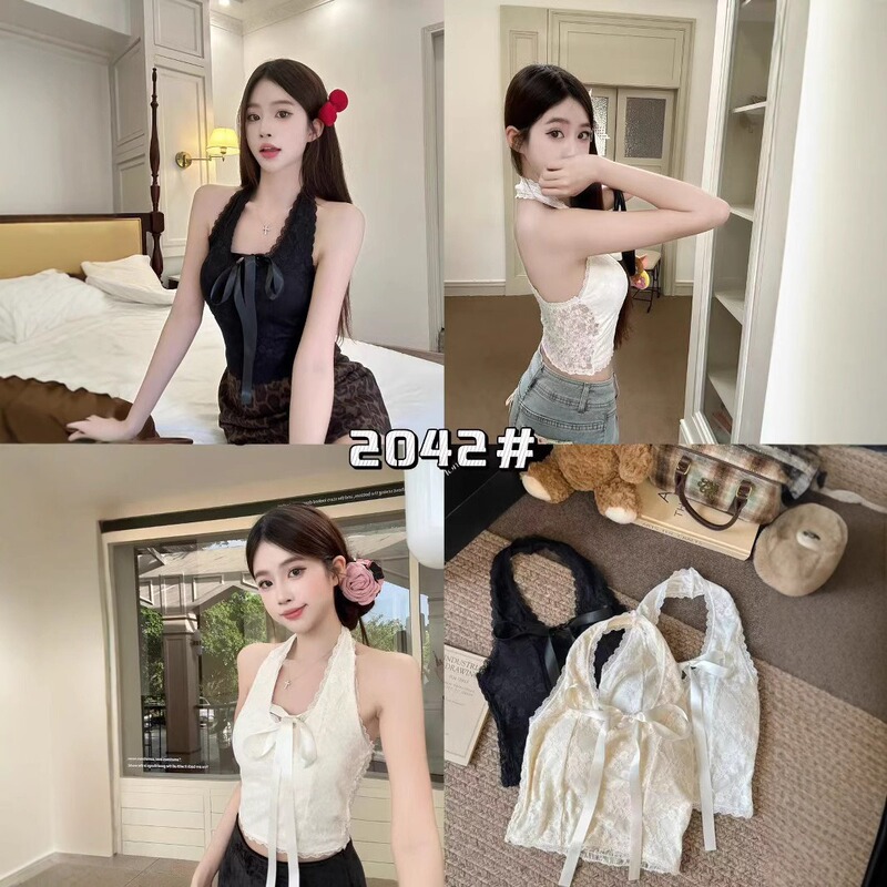 Spring and Summer Sexy Pure Desire Girl's Camisole Vest Women's Lace Lace Hanging Neck Bow Inner Wear Outer Wear Pad Spring and Summer Sexy Pure Desire Girl's Camisole Vest Women's Lace Lace Hanging Neck Bow Inner Wear Outer Wear Pad
