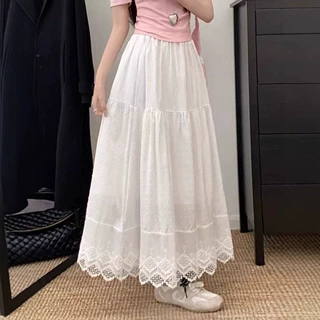 白色蕾丝花边下摆半身裙女2025春季大码胖mm显瘦a字大摆伞裙长裙