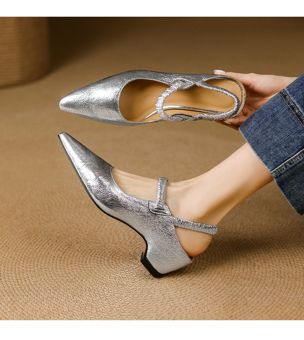 Sandal cao gót nữ mũi nhọn bít mũi da cừu kiểu Pháp, gót cao 9 cm — Màu vàng chi tiết 10