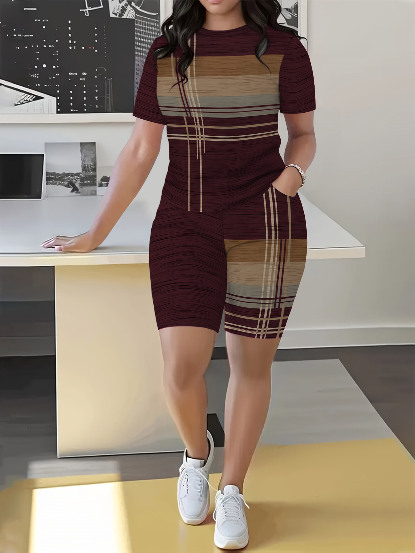 Women's Geometric Print Short Sleeve T-Shirt And Shorts Set - Comfortable Casual Summer Outfit ​​Versatile Two-Piece Coordination_ecoleips.com
