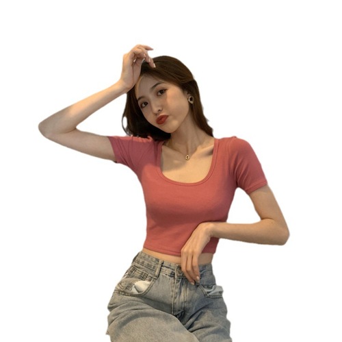 Korean-style women's new sexy sweet and spicy candy-colored short U-neck slim-fit tight short-sleeved T-shirt female top for summer