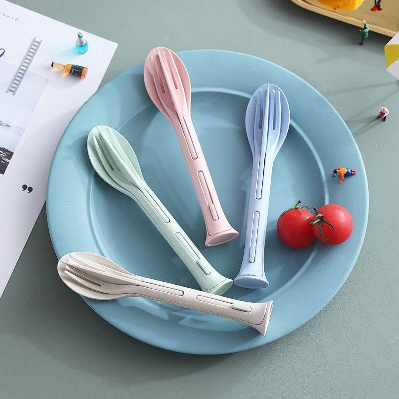 Creative wheat straw three-in-one portable knife and fork spoon family plastic spoon Fork wheat Western food tableware set