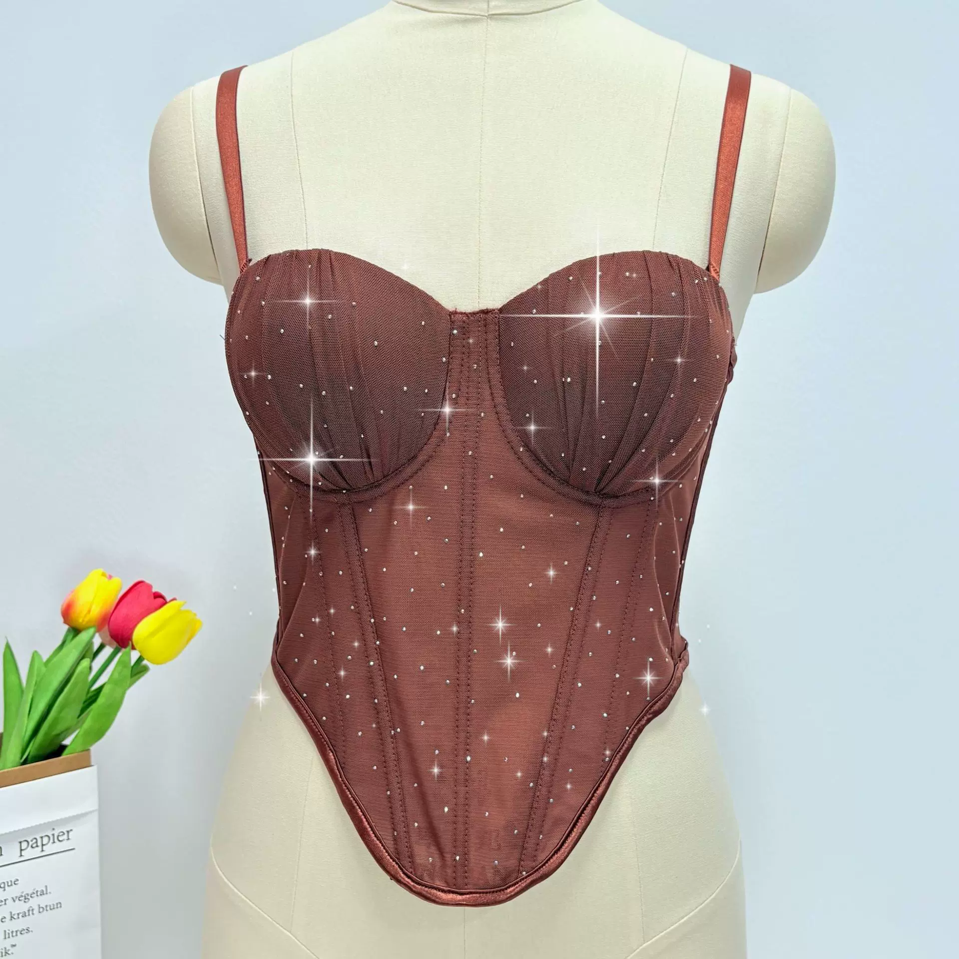 跨境外贸鱼骨吊带小背心女带胸垫烫砖设计收腰外穿抹胸鱼骨上衣