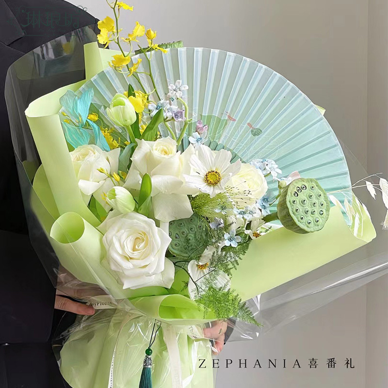 Flor de verano vid loto ventilador plegable Flor de semilla de loto ramo accesorios de embalaje accesorios florales nuevo ventilador de hoja de loto chino