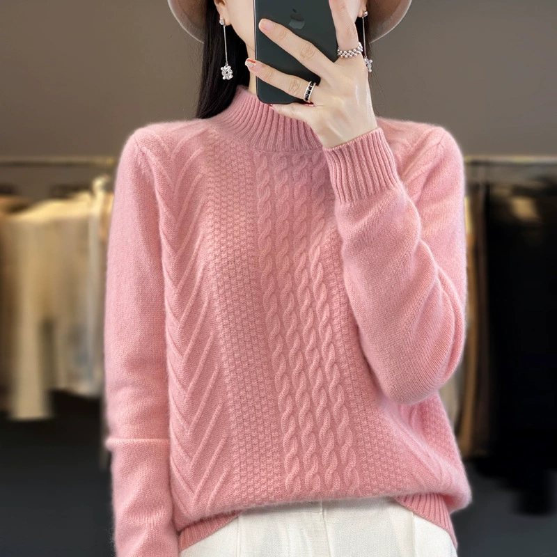 Women’s half‑turtleneck pullover, pure wool, cropped thick cable knit, autumn‑winter