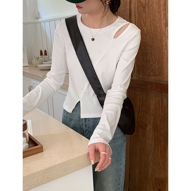 2025 New Autumn Clothing Round Neck Long-Sleeved Slim Slim Pullover Top Korean Style Casual Asymmetrical T-Shirt for Women