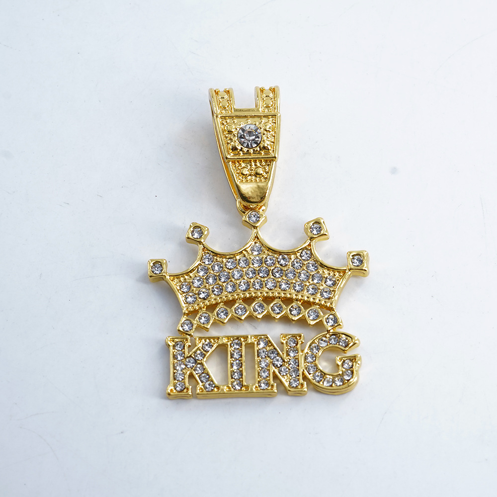 Collar con colgante de corona de rey con letras de diamantes completos, creativo y superventas transfronterizo, estilo hip-hop, con cadena cubana de aleación y pedrería.