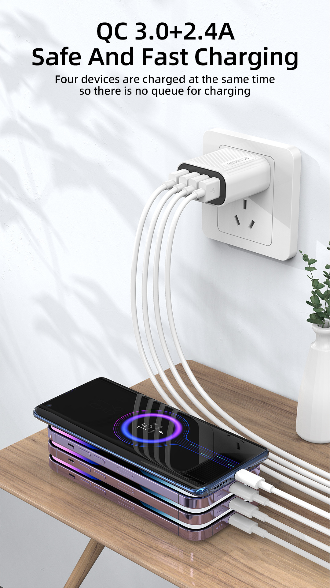 4USB multi port 18W mobile fast charging head QC3.0+3U2A travel charger_voghion.com