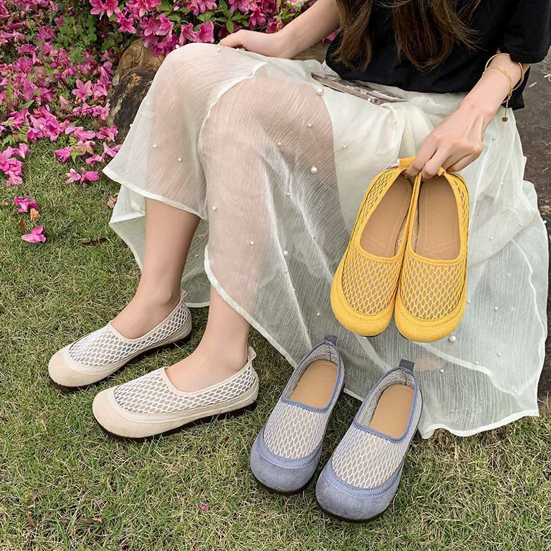 Женские рыбацкие туфли 2025, новые летние сетчатые дышащие босоножки на плоской подошве с вырезами для повседневной носки, туфли Мэри Джейн