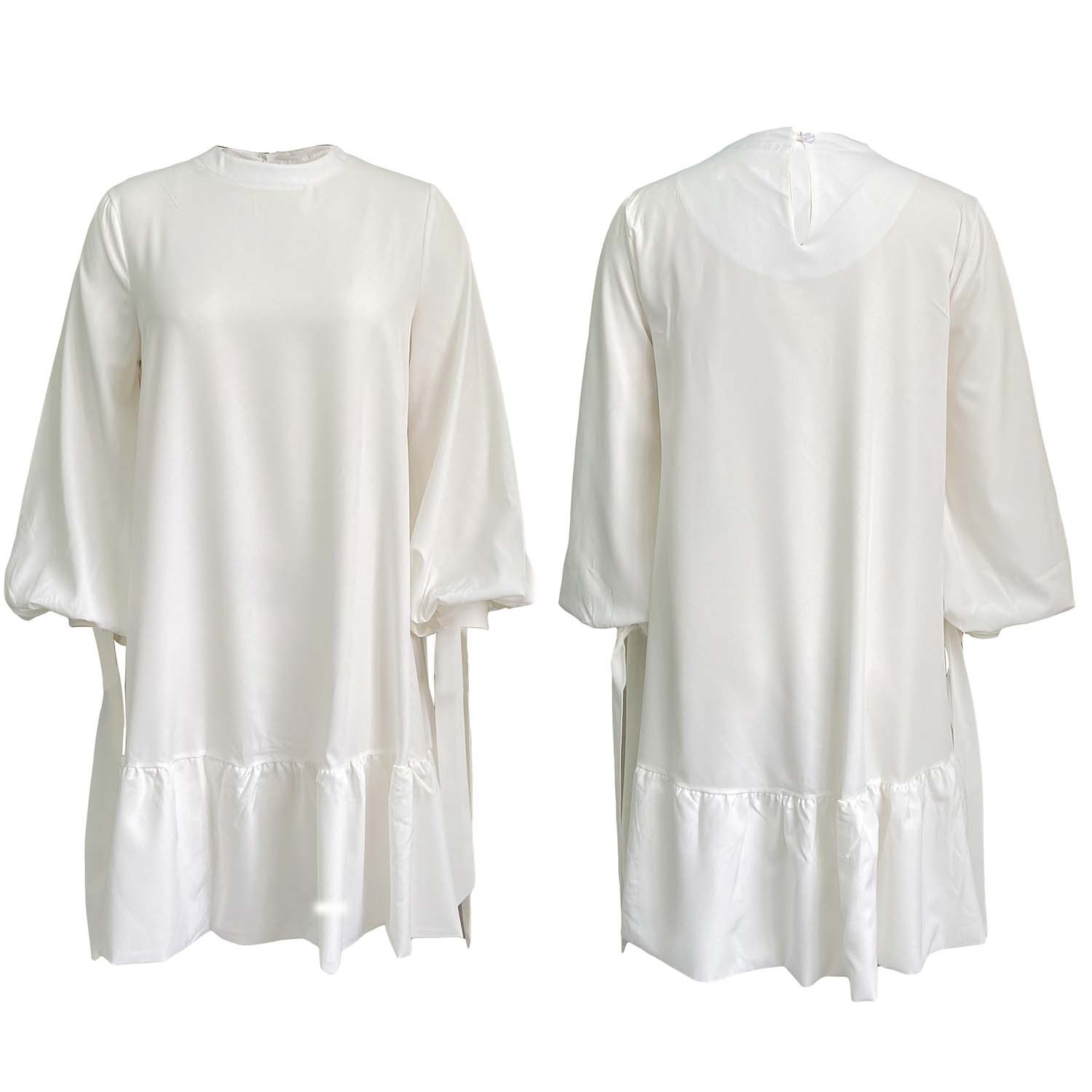 Loose Solid Color Bubble Sleeve Lace-Up Big Swing Dress NSGML111107