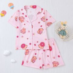 跨境外贸新款四季中童女孩睡衣套装短袖短裤开衫印花kid pajama