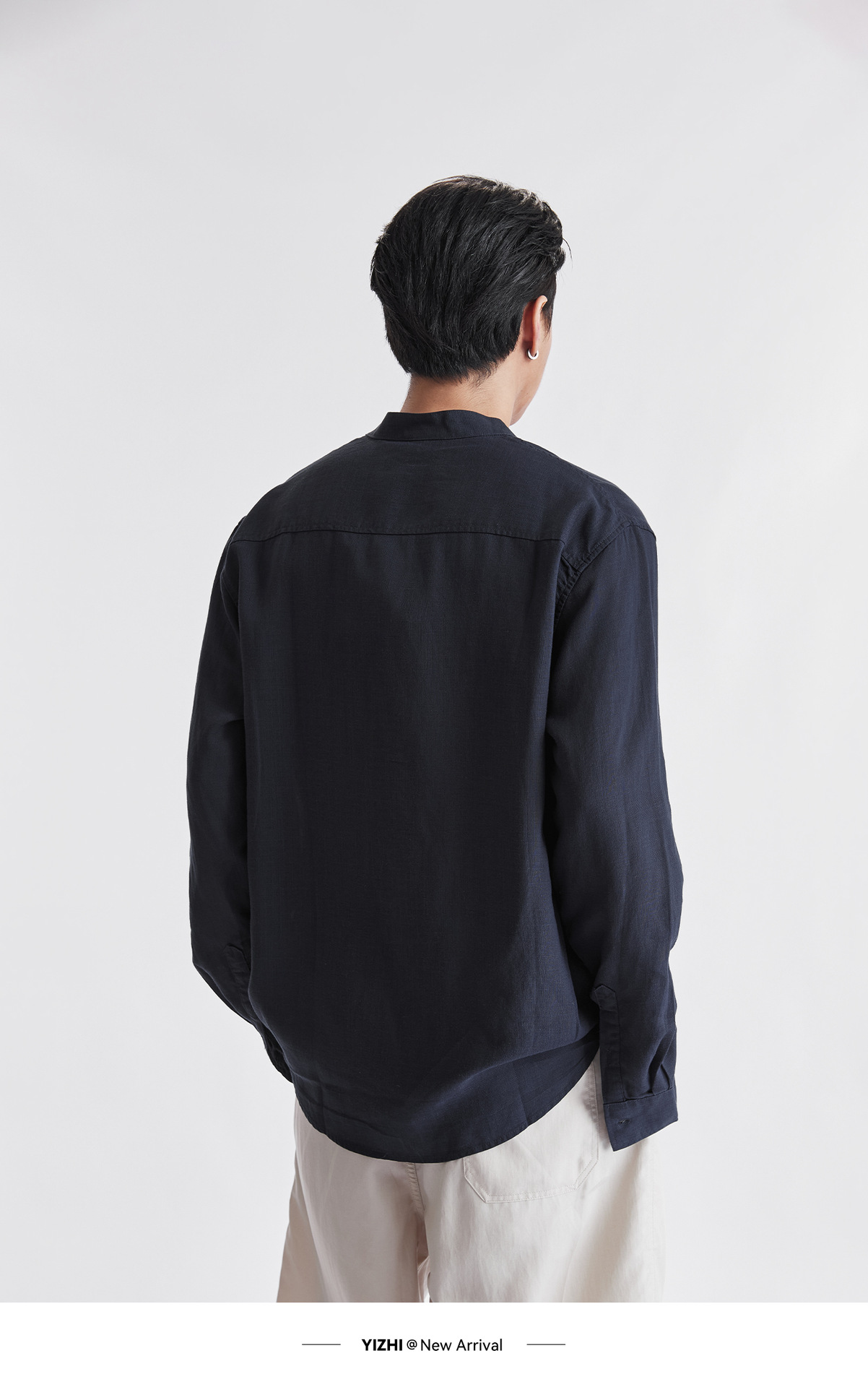 Áo sơ mi nam linen cổ đứng tay dài mùa hè, chất liệu lanh thoáng khí, phong cách Trung Hoa, túi đơn — Xanh navy chi tiết 20