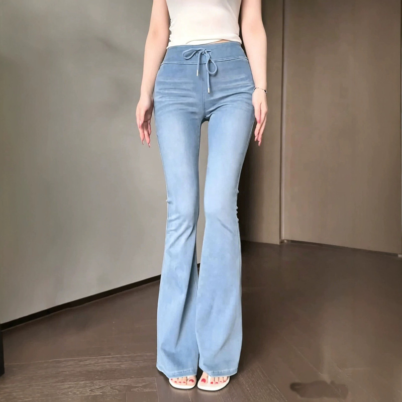 Stretchy, Non-Deformable, Slightly Flared Jeans for Women, Drawstring High-Waisted, Hip-Enhancing, Slim-Fit, Thin, Casual Long Pants