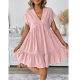 European and American Women's dress 2025 Summer Vacation Style Ruffled V-Neck Solid Color Loose Skirt Amazon