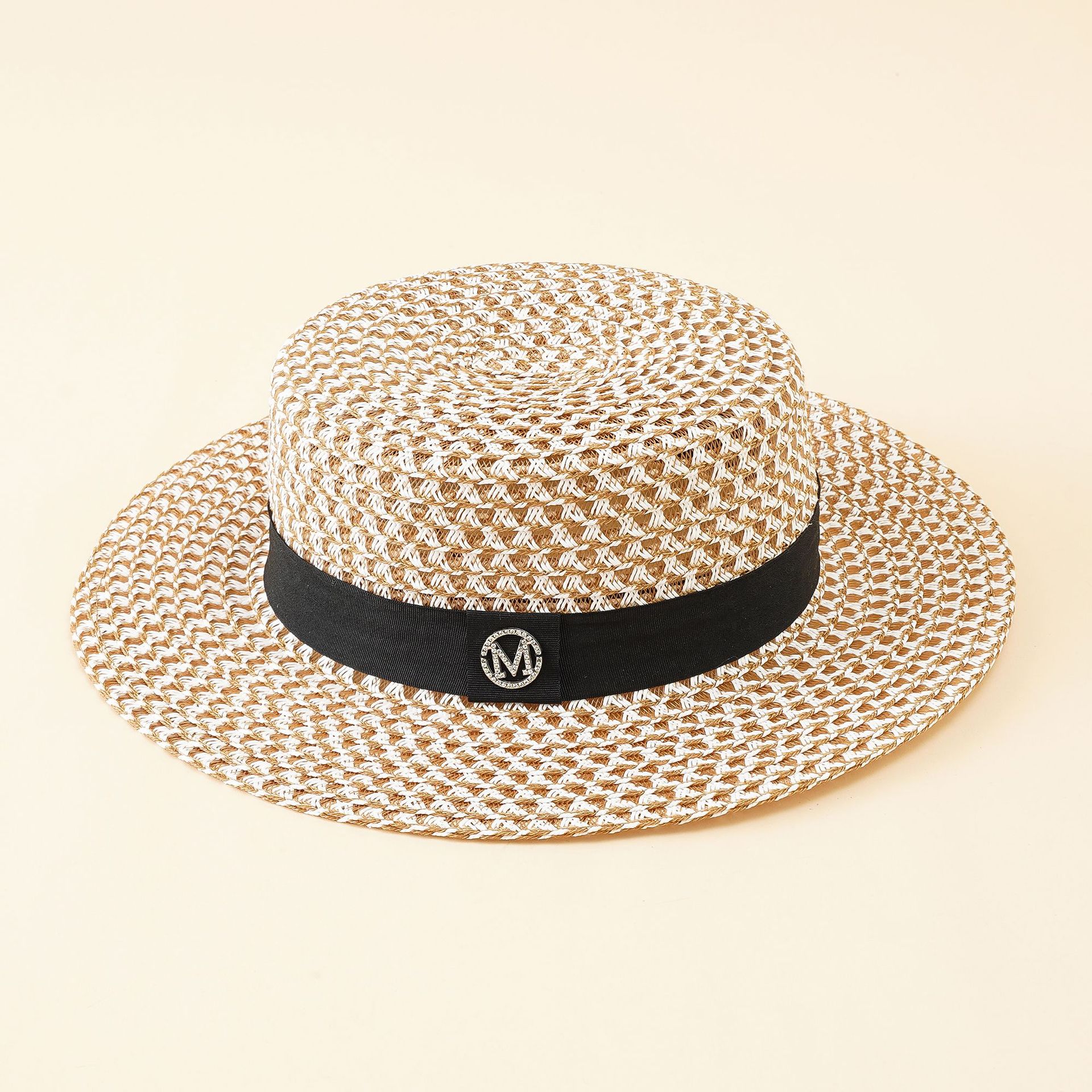 Sombrero de sol femenino blanco y negro sombrero de paja superior plana sombrero de playa vacaciones de verano en el mar británico sombrero de copa protección solar marea de viaje