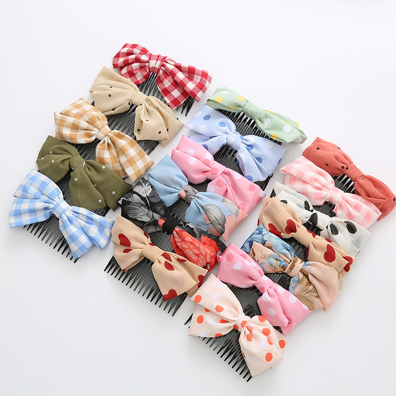 韓國發飾蝴蝶結雪紡碎花插梳發梳劉海梳新款成年女後腦勺頭飾碎發