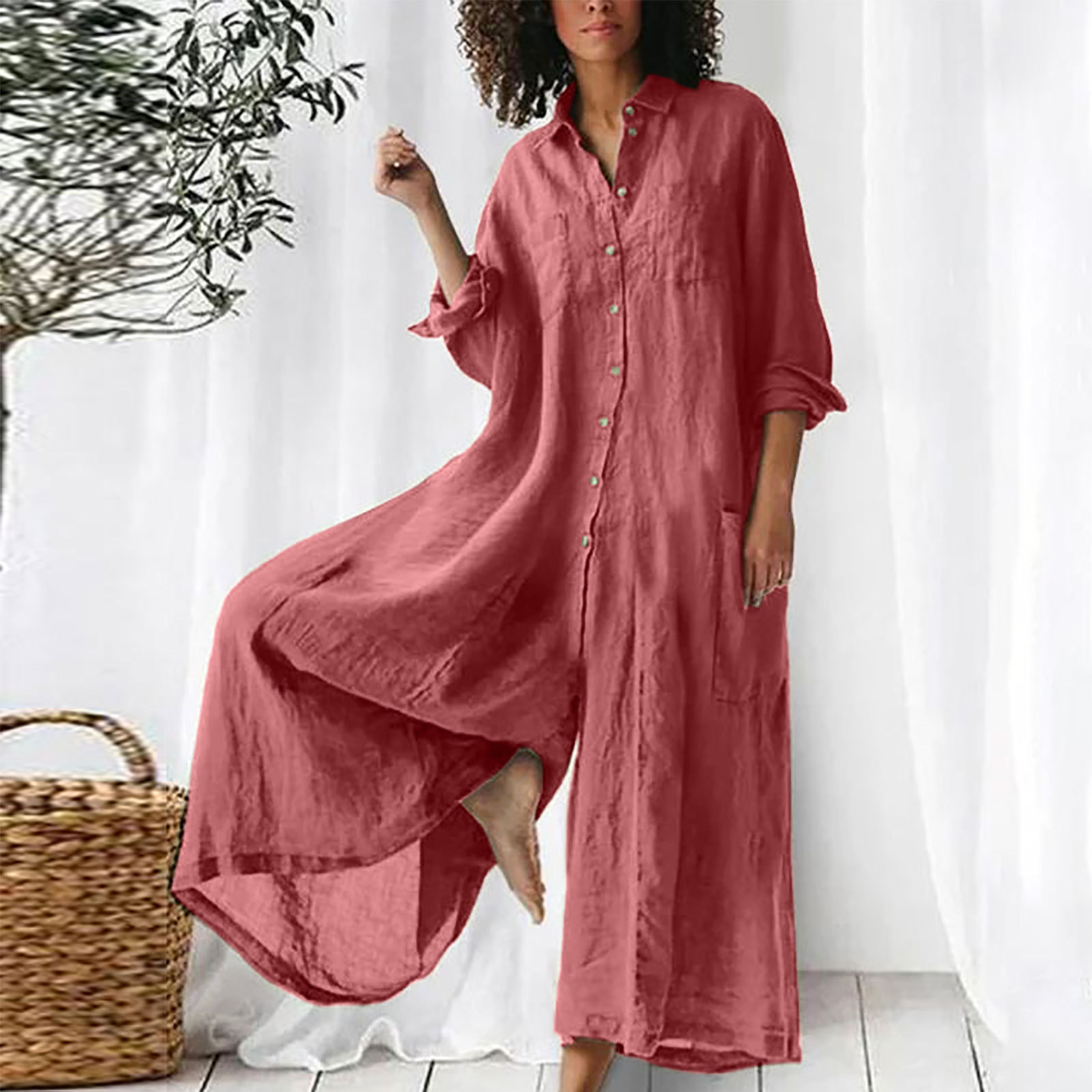 Women's Solid Color Casual Long Sleeved Jumpsuit Mid Length Cotton Linen Blend_ecoleips.com