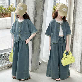 女童天丝牛仔短袖套装夏季新款宽松显瘦圆领女孩休闲纯色两件套潮