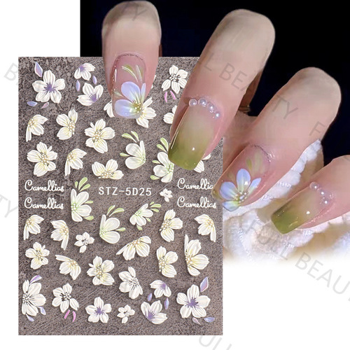 Cross-border hot nail art stickers ins embossed 5D three-dimensional camellia tulip internet celebrity nail stickers of the same style wholesale